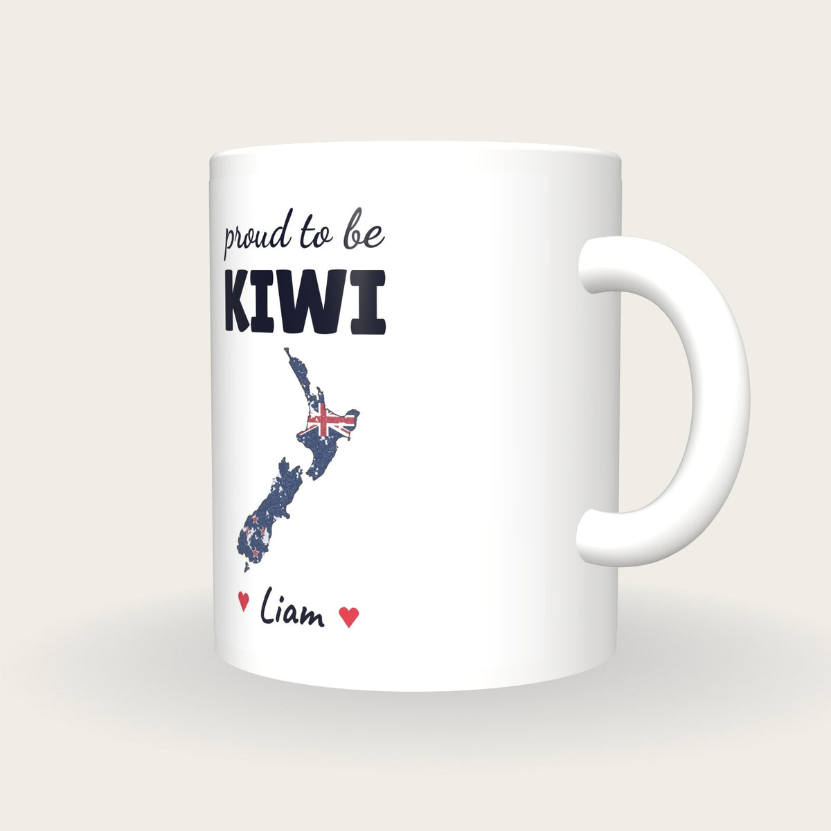 Personalised New Zealand Map Mug, Proud To Be Kiwi, three-quarter view