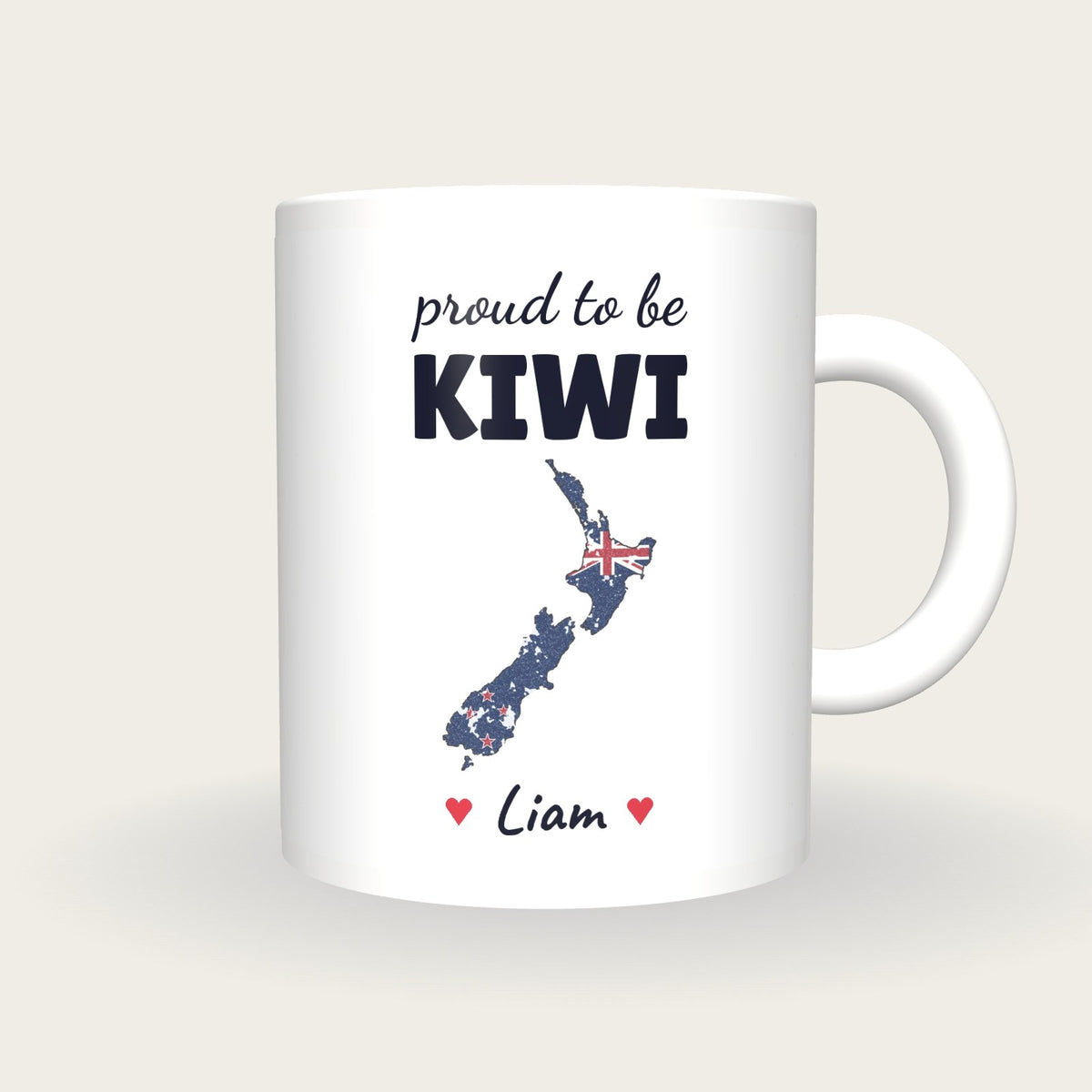 Personalised New Zealand Map Mug, Proud To Be Kiwi, front