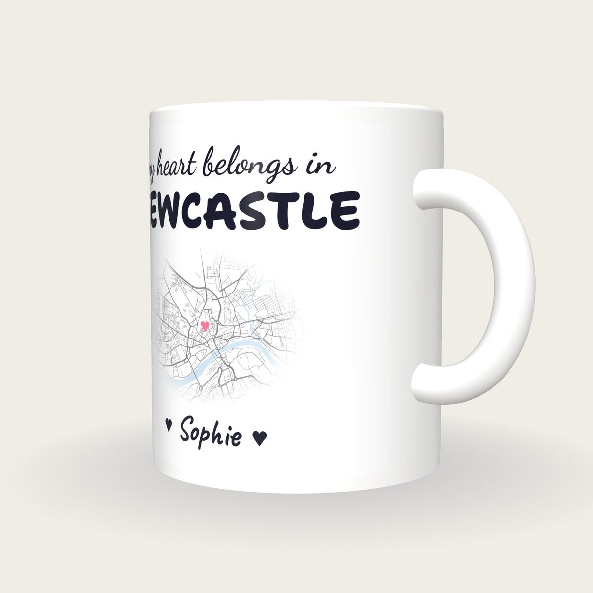 Personalised Newcastle Map Mug, My Heart Belongs In Newcastle, three-quarter view