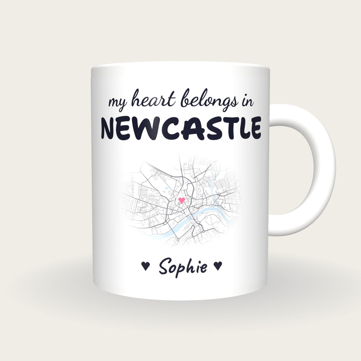 Personalised Newcastle Map Mug, My Heart Belongs In Newcastle, front