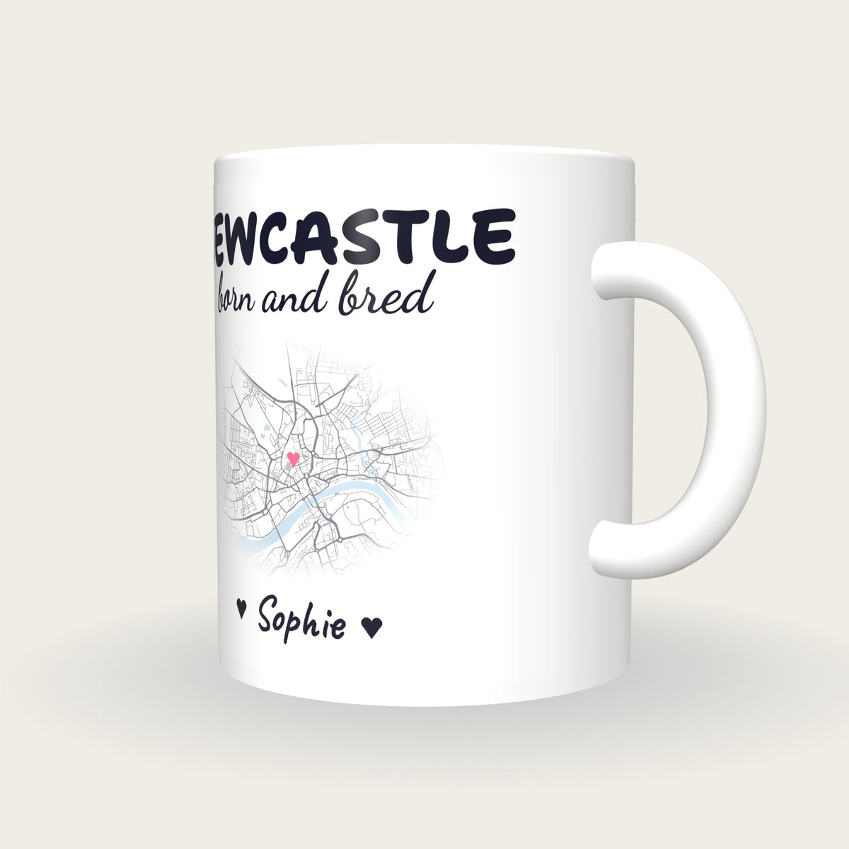 Personalised Newcastle Map Mug, Newcastle Born And Bred, three-quarter view