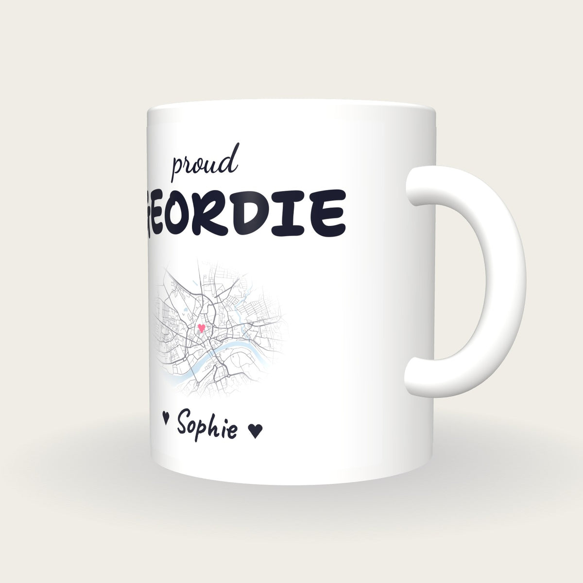 Personalised Newcastle Map Mug, Proud Geordie, three-quarter view