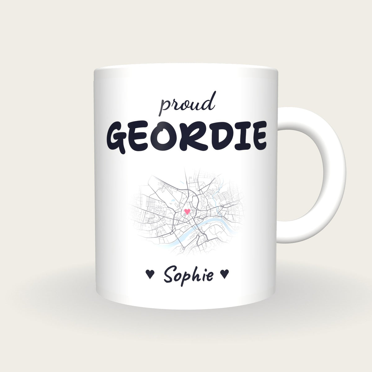 Personalised Newcastle Map Mug, Proud Geordie, front