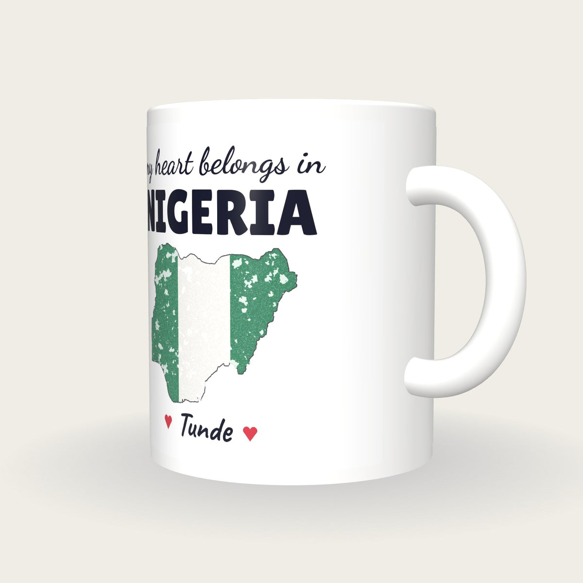 Personalised Nigeria Map Mug, My Heart Belongs In Nigeria, three-quarter view