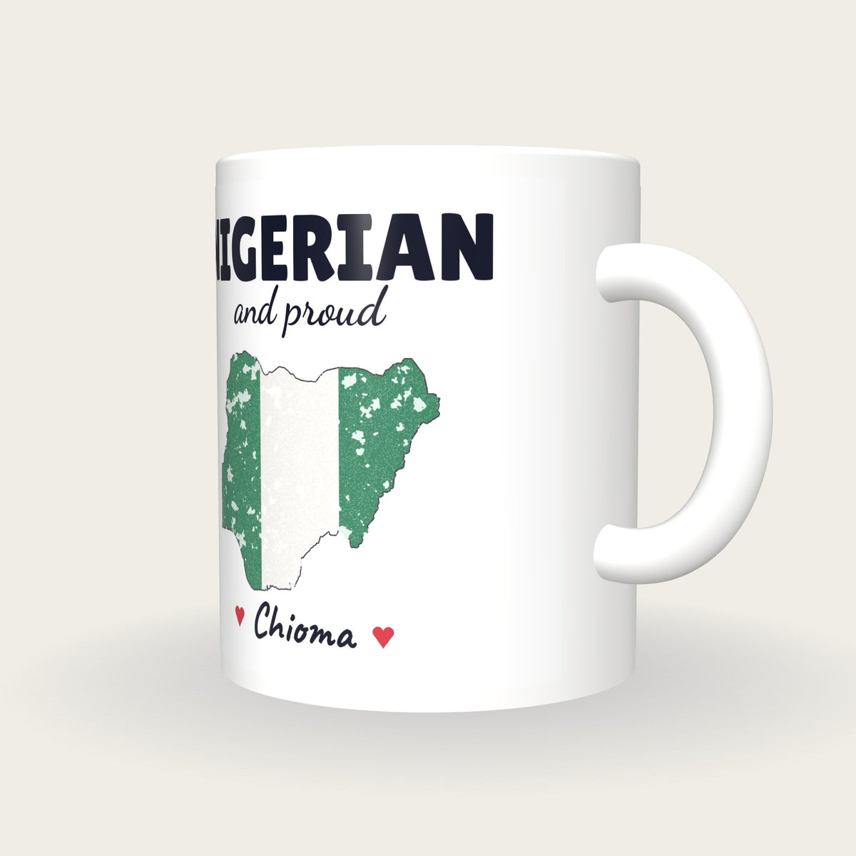 Personalised Nigeria Map Mug, Nigerian And Proud, three-quarter view