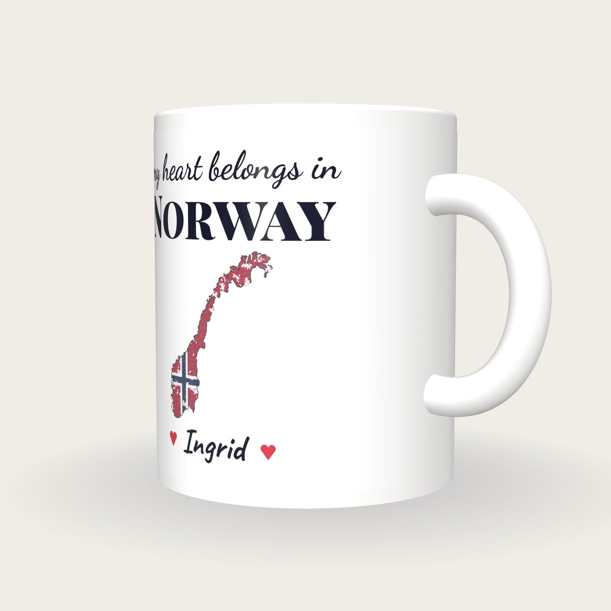 Personalised Norway Map Mug, My Heart Belongs In Norway, three-quarter view