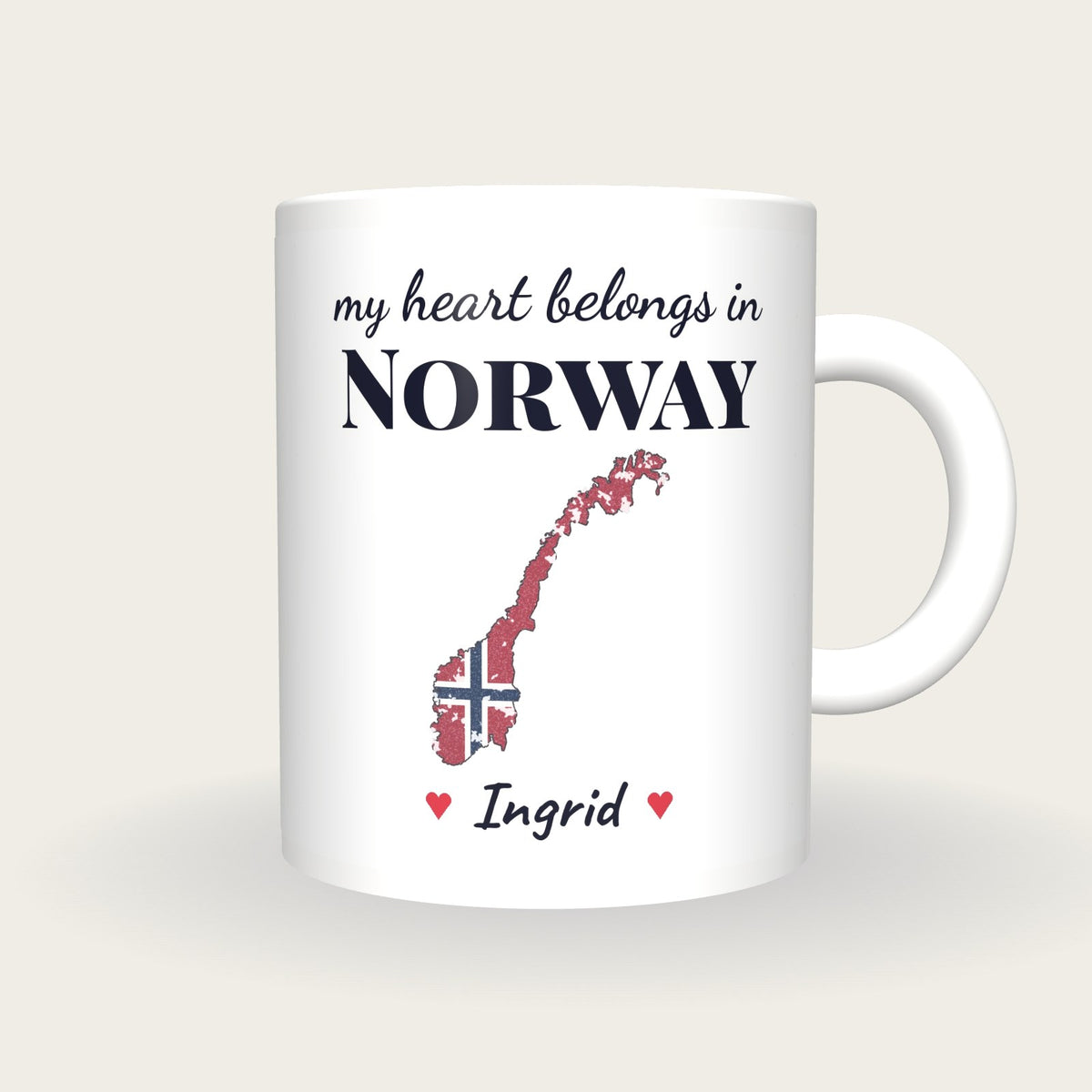 Personalised Norway Map Mug, My Heart Belongs In Norway, front