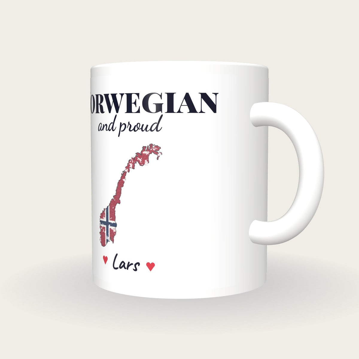 Personalised Norway Map Mug, Norwegian And Proud, three-quarter view