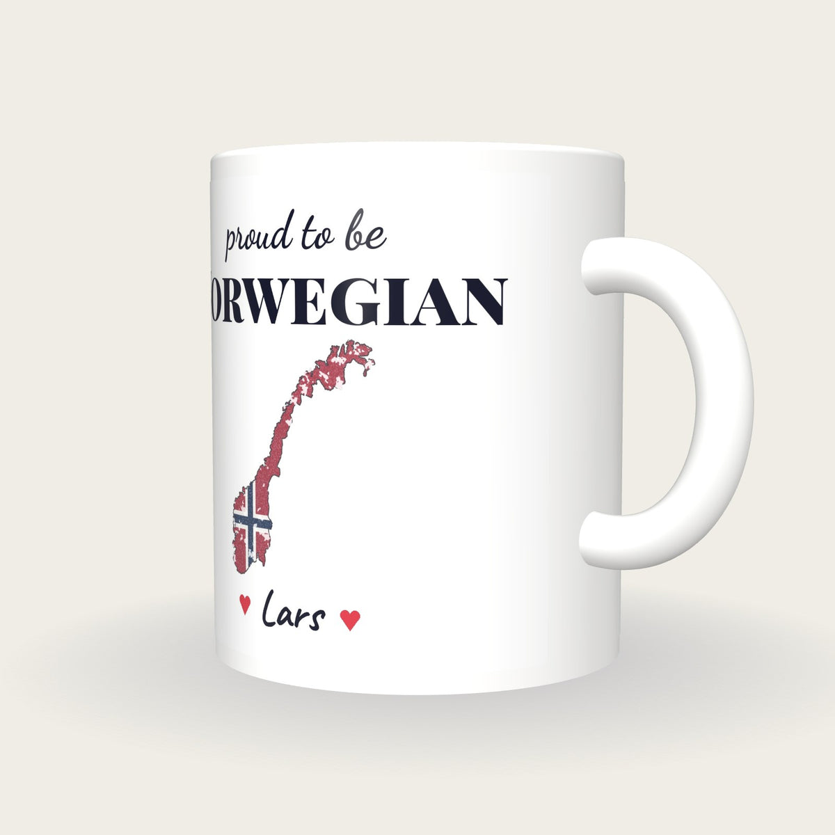 Personalised Norway Map Mug, Proud To Be Norwegian, three-quarter view