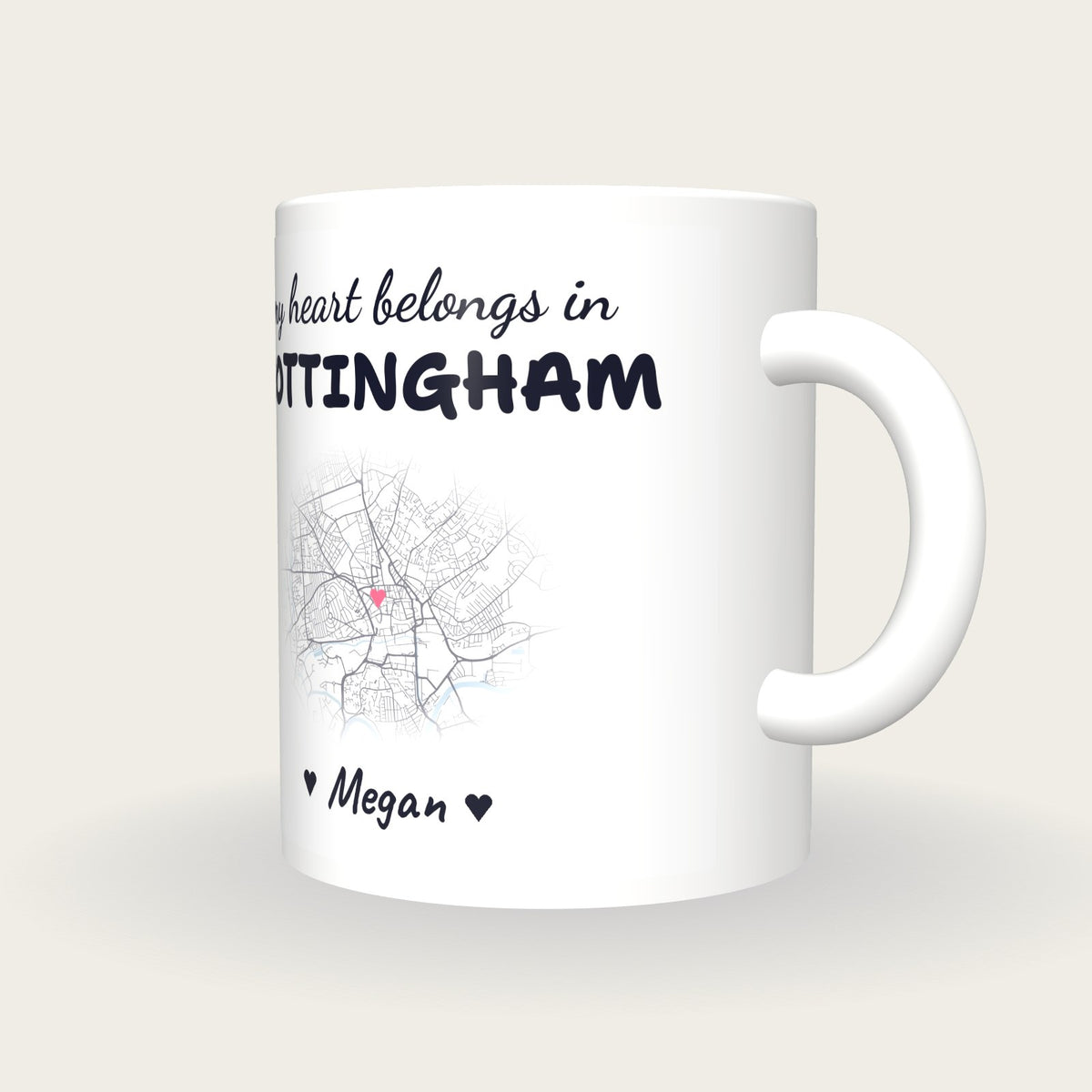 Personalised Nottingham Map Mug, My Heart Belongs In Nottingham, three-quarter view
