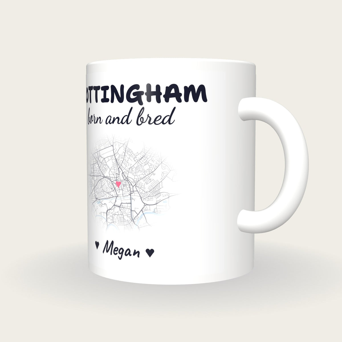 Personalised Nottingham Map Mug, Nottingham Born And Bred, three-quarter view