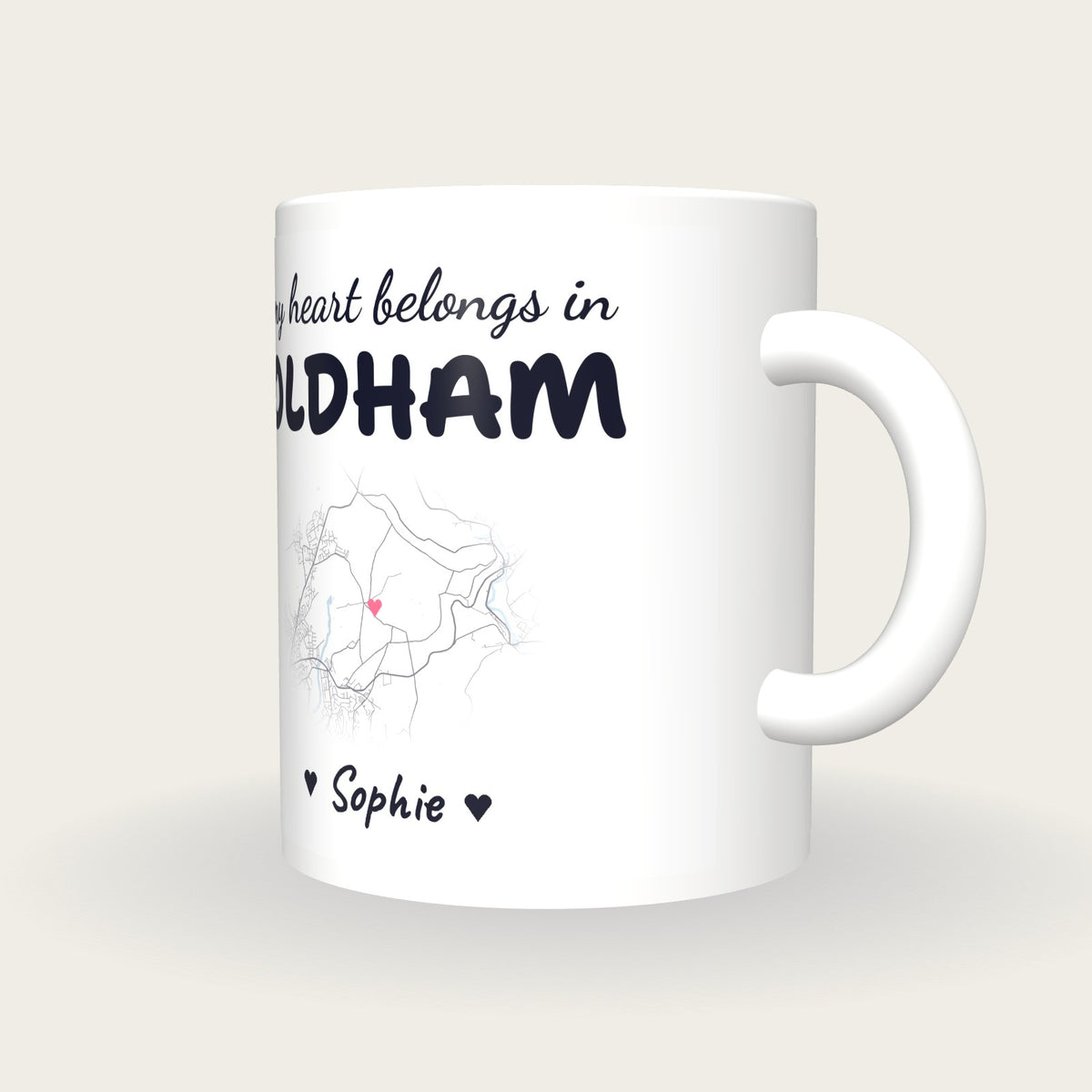 Personalised Oldham Map Mug, My Heart Belongs In Oldham, three-quarter view