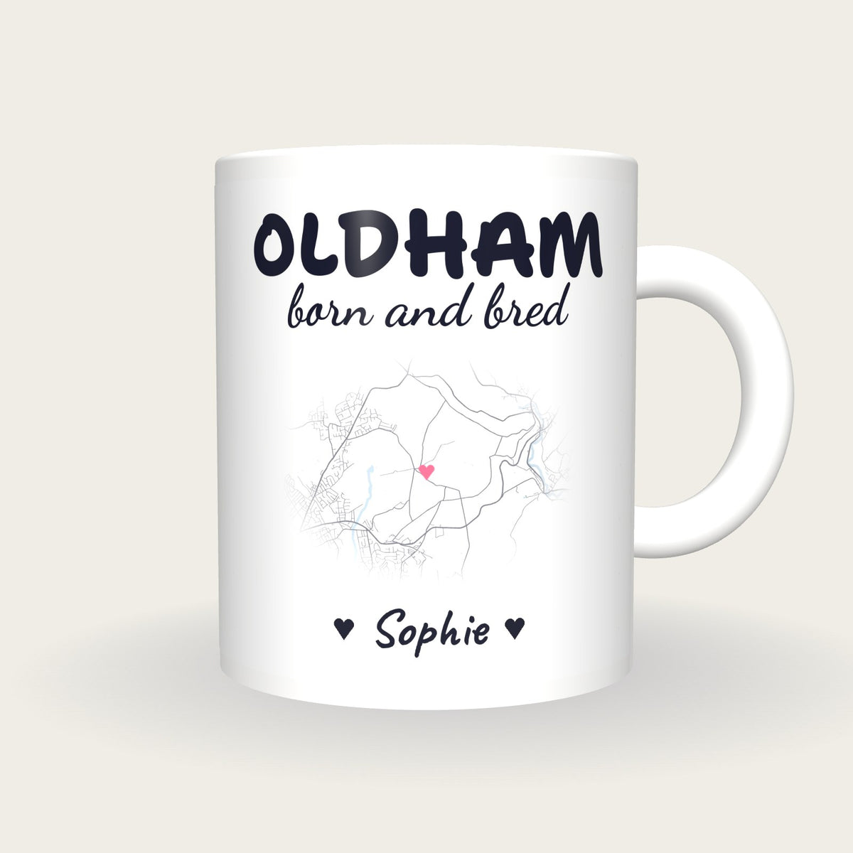 Personalised Oldham Map Mug, Oldham Born And Bred, front