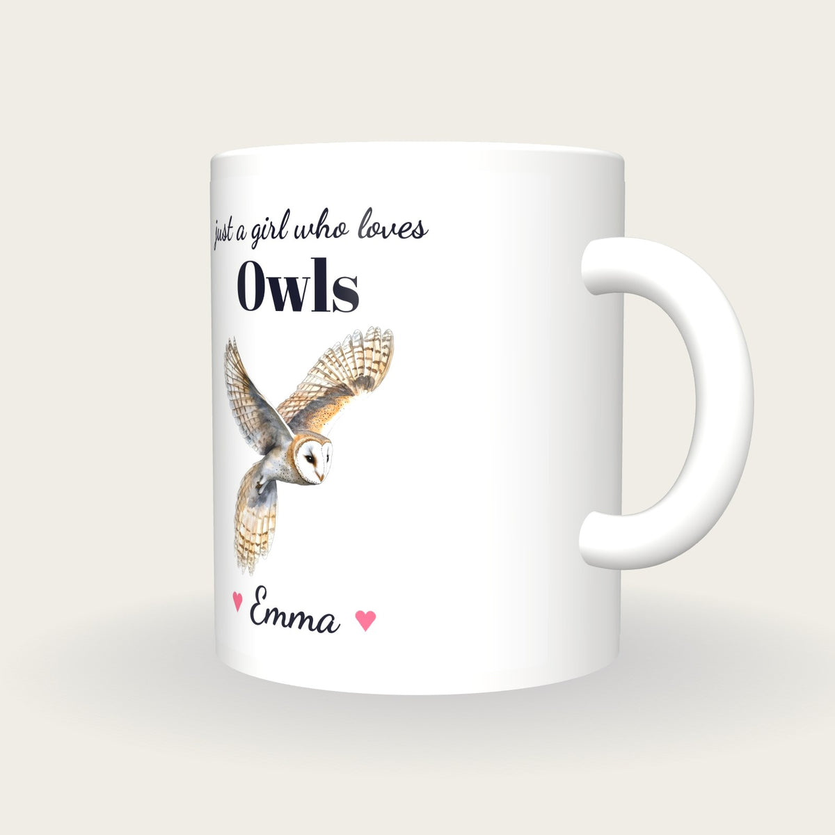 Personalised Owl Mug, Just A Girl Who Loves Owls, three-quarter view
