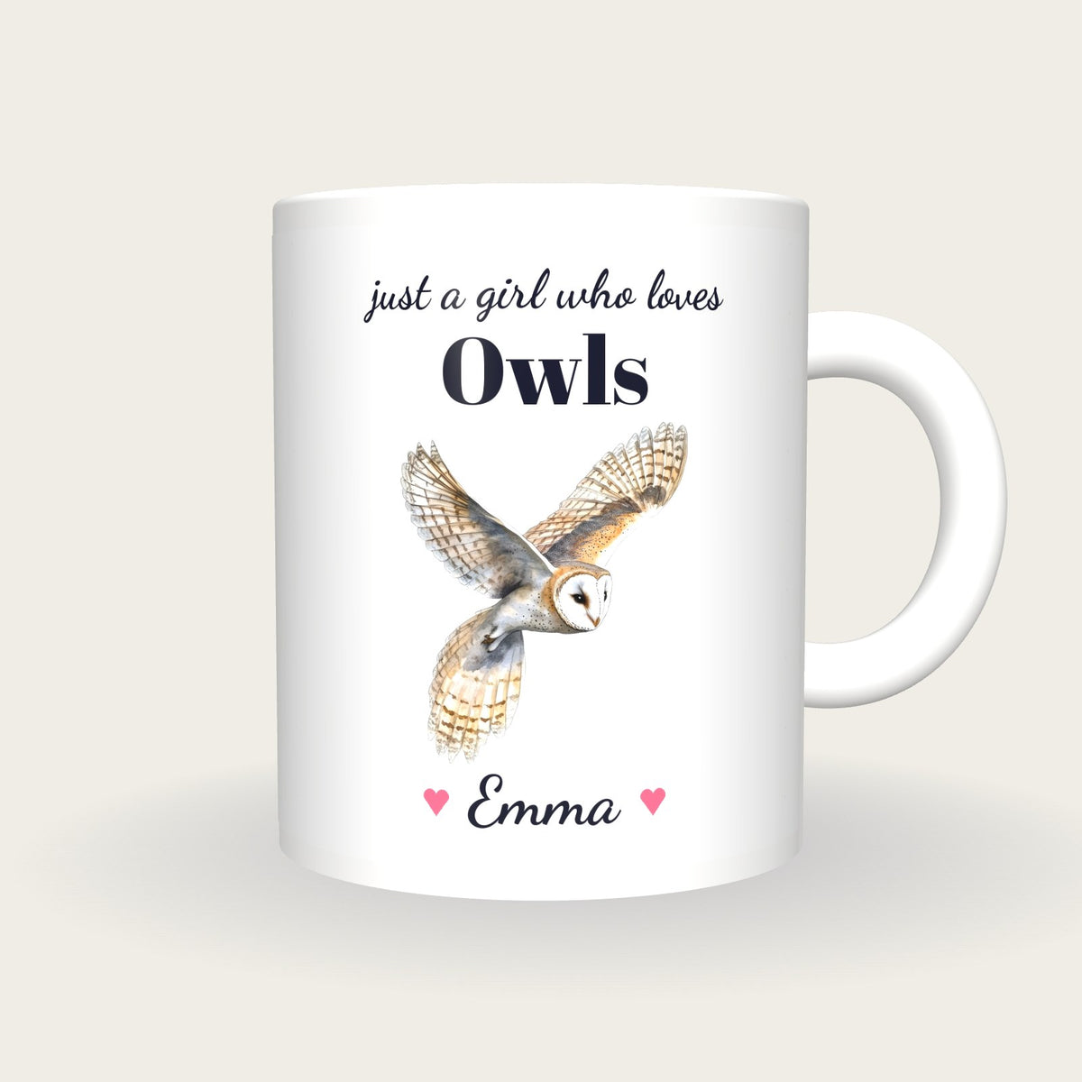Personalised Owl Mug, Just A Girl Who Loves Owls, front
