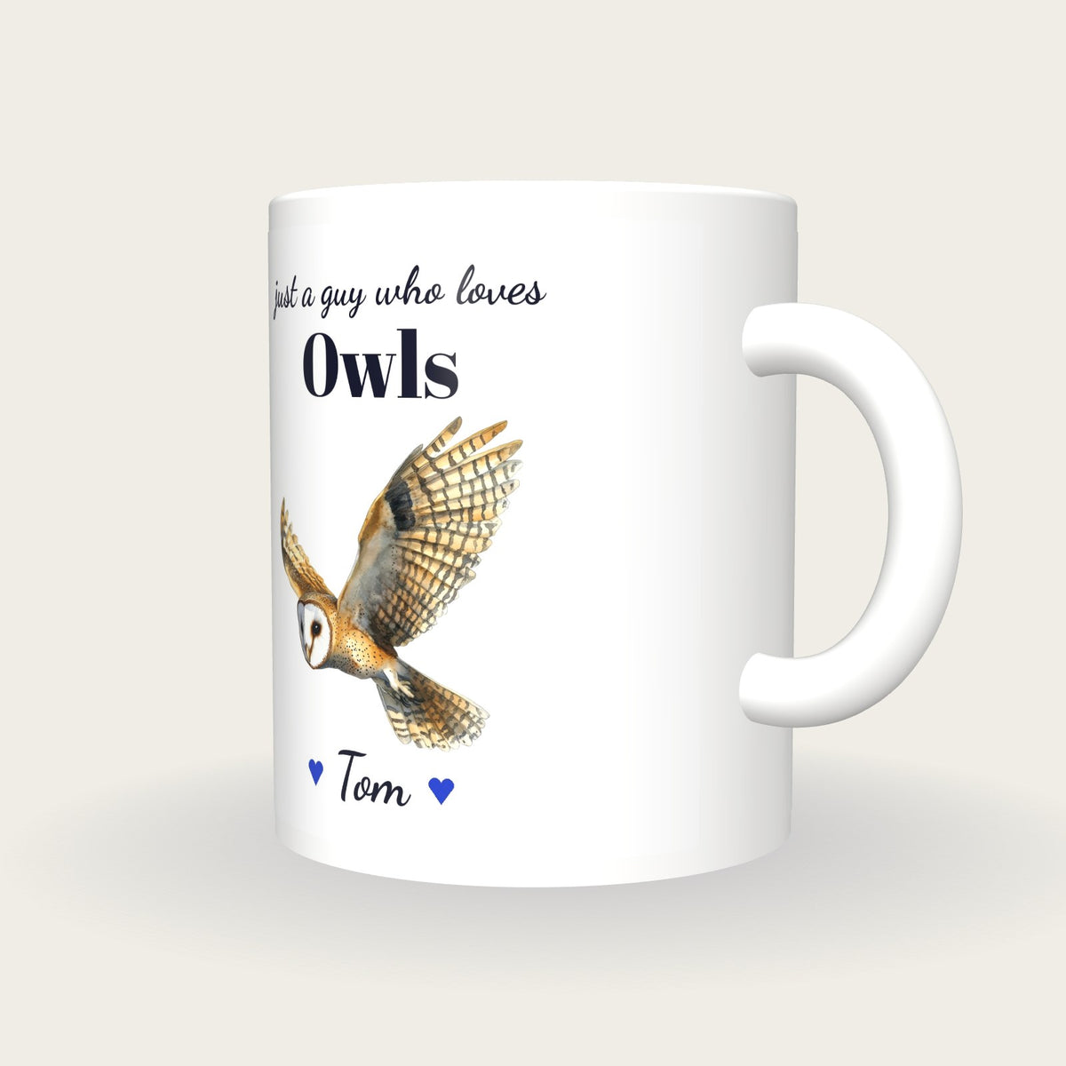 Personalised Owl Mug, Just A Guy Who Loves Owls, three-quarter view