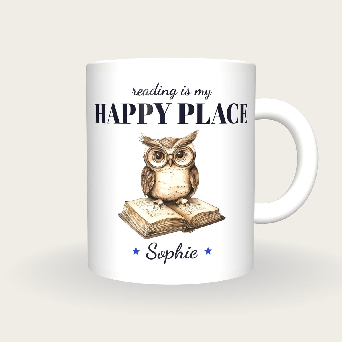 Personalised Owl On An Open Book Mug, Reading Is My Happy Place, front