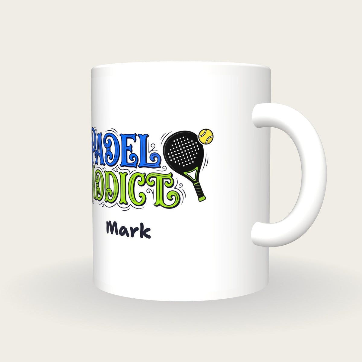 Personalised Padel Addict Mug, three-quarter view