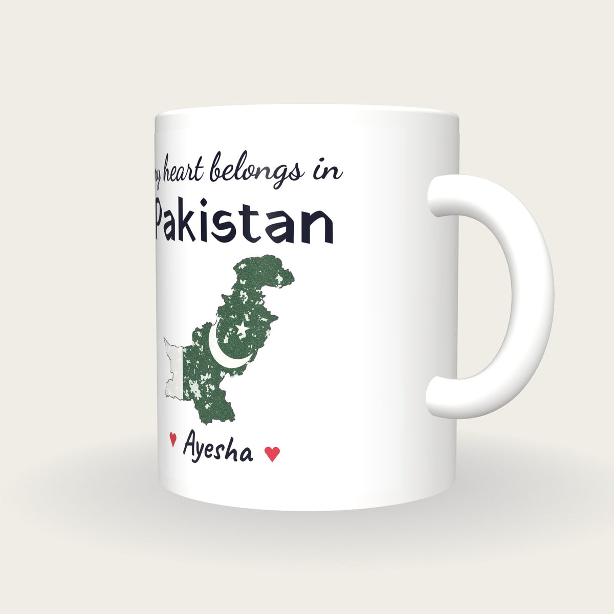 Personalised Pakistan Map Mug, My Heart Belongs In Pakistan, three-quarter view