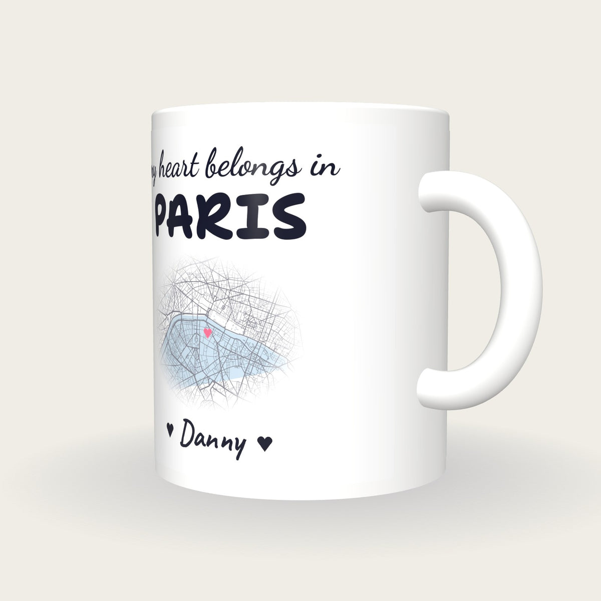 Personalised Paris Map Mug, My Heart Belongs In Paris, three-quarter view