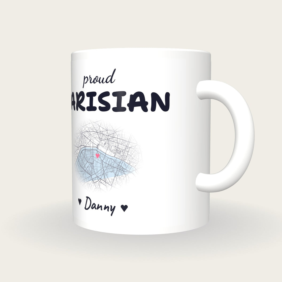 Personalised Paris Map Mug, Proud Parisian, three-quarter view