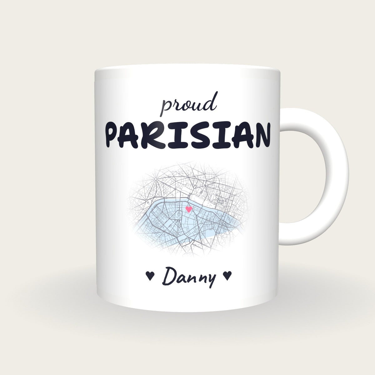 Personalised Paris Map Mug, Proud Parisian, front