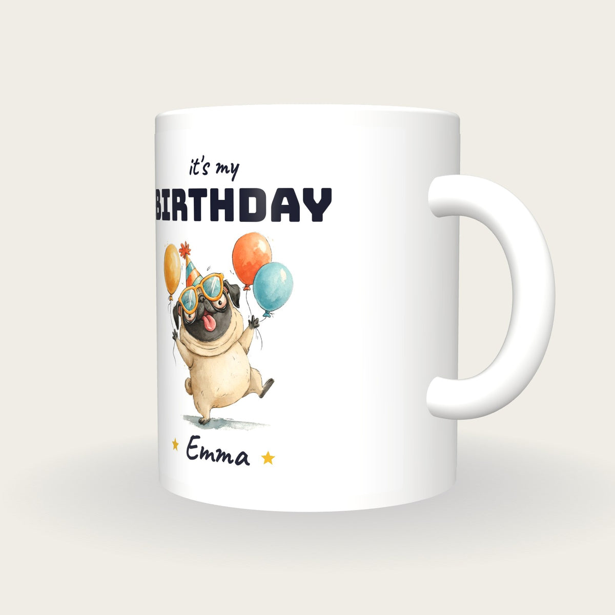 Personalised Party Pug Mug, It's My Birthday, three-quarter view
