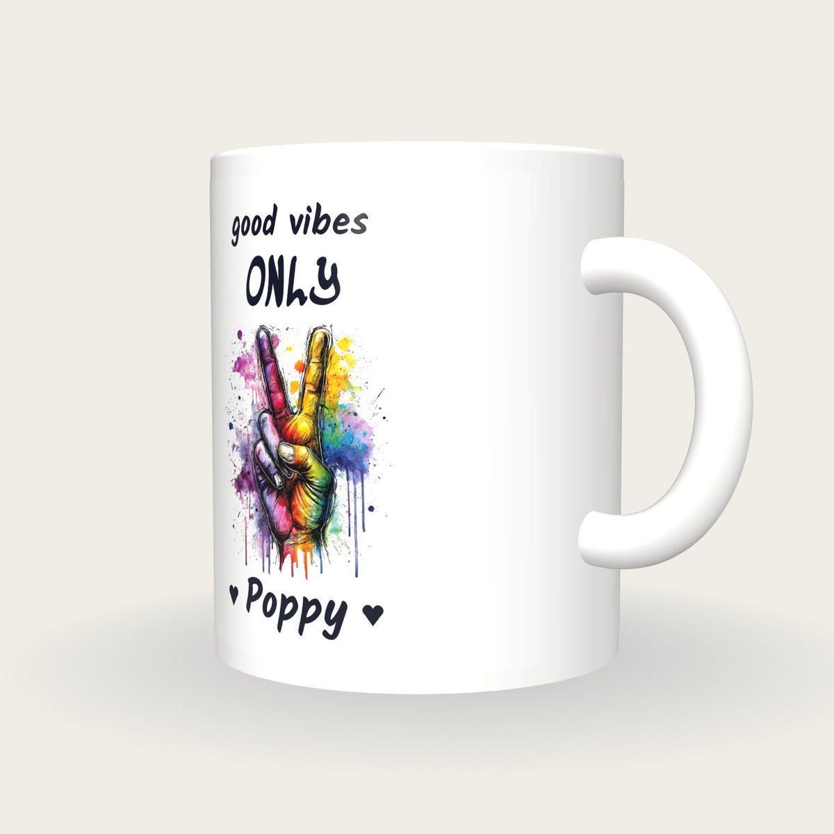 Personalised Peace Sign Mug, Good Vibes Only, three-quarter view
