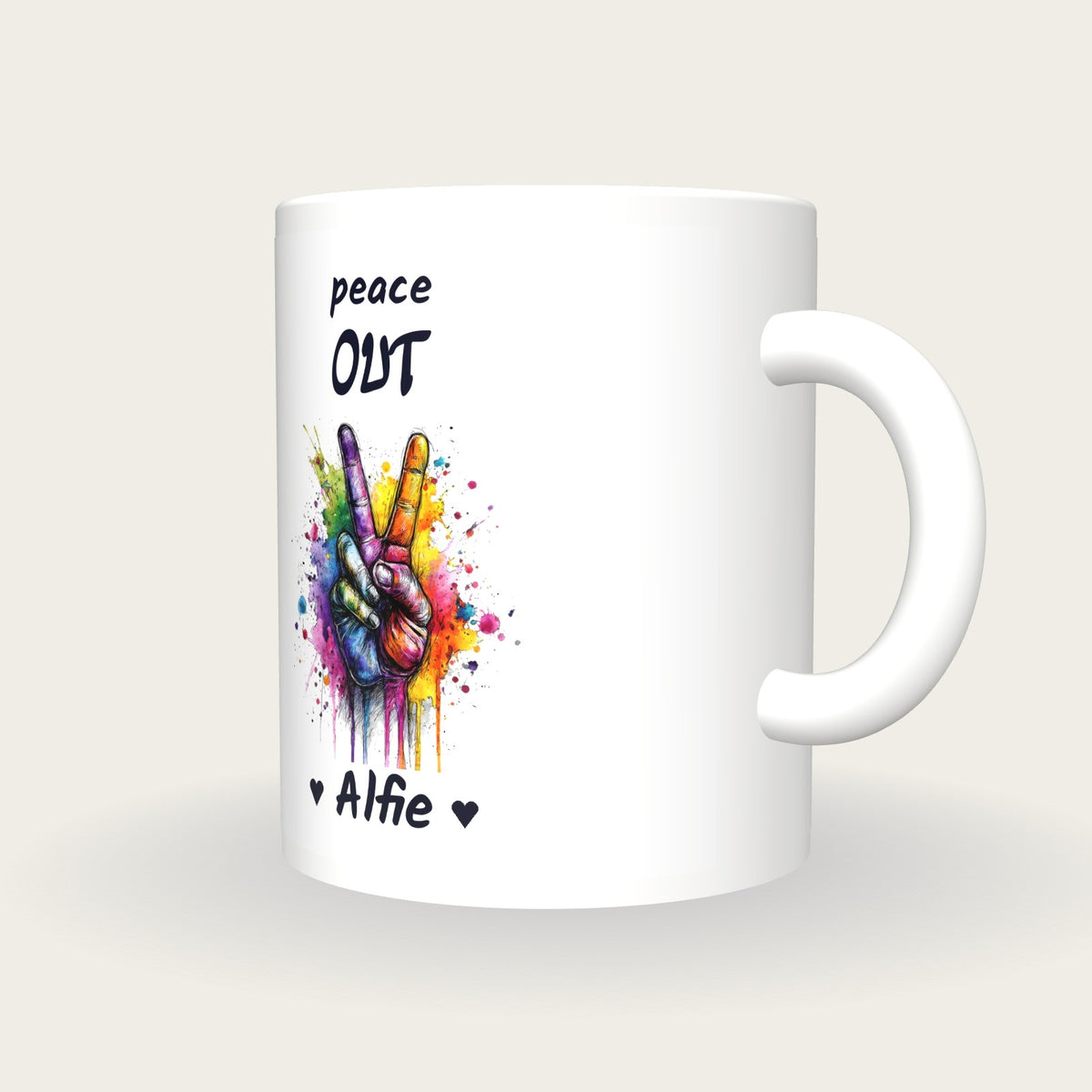 Personalised Peace Sign Mug, Peace Out, three-quarter view