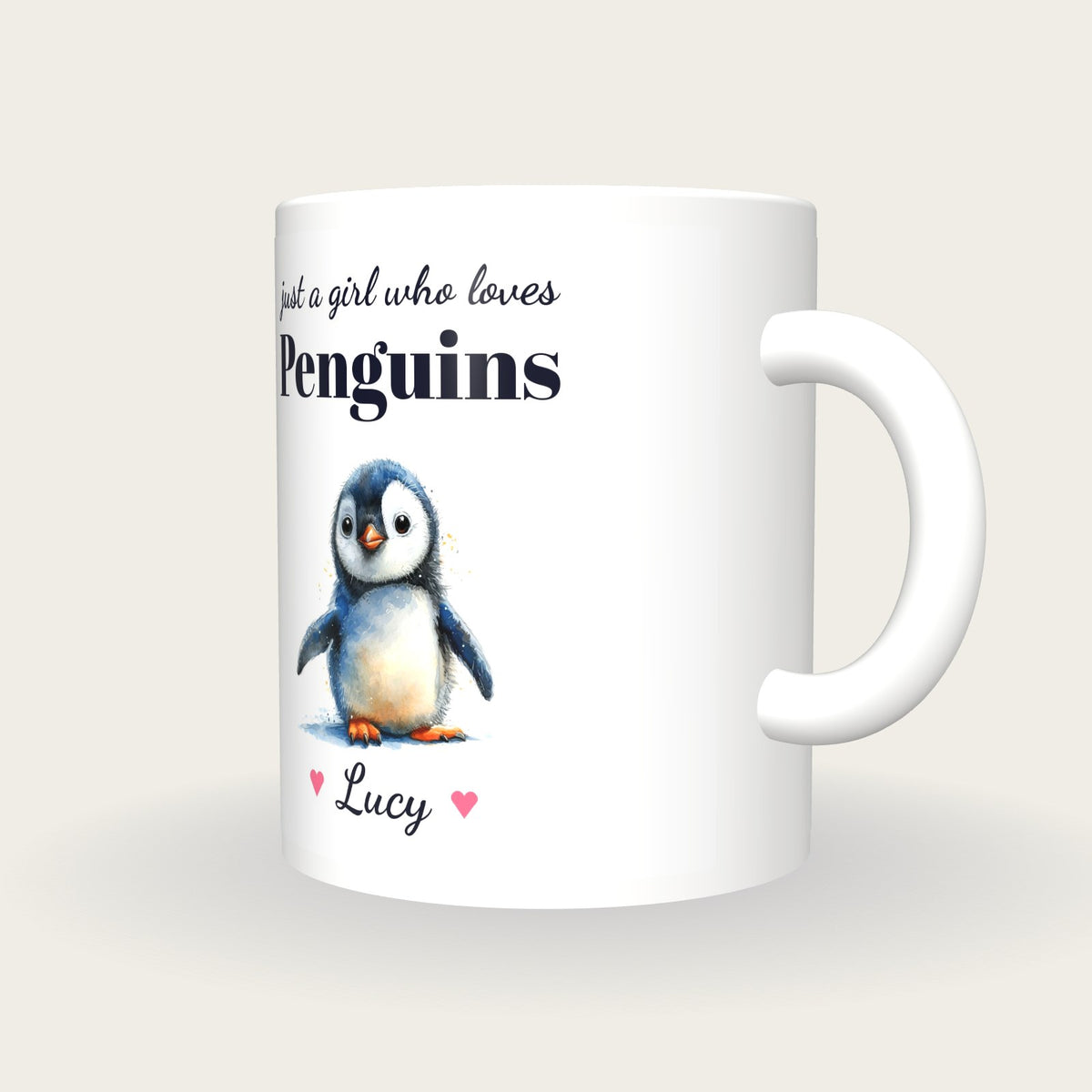 Personalised Penguin Mug, Just A Girl Who Loves Penguins, three-quarter view