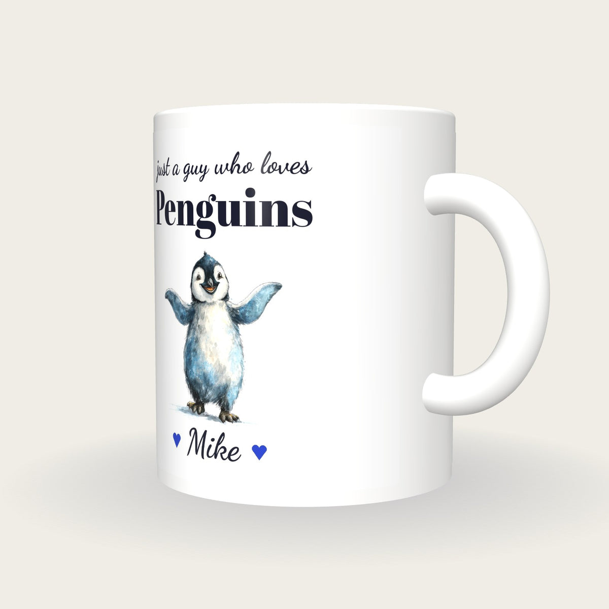 Personalised Penguin Mug, Just A Guy Who Loves Penguins, three-quarter view
