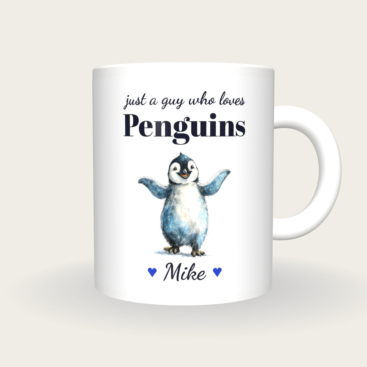 Personalised Penguin Mug, Just A Guy Who Loves Penguins, front