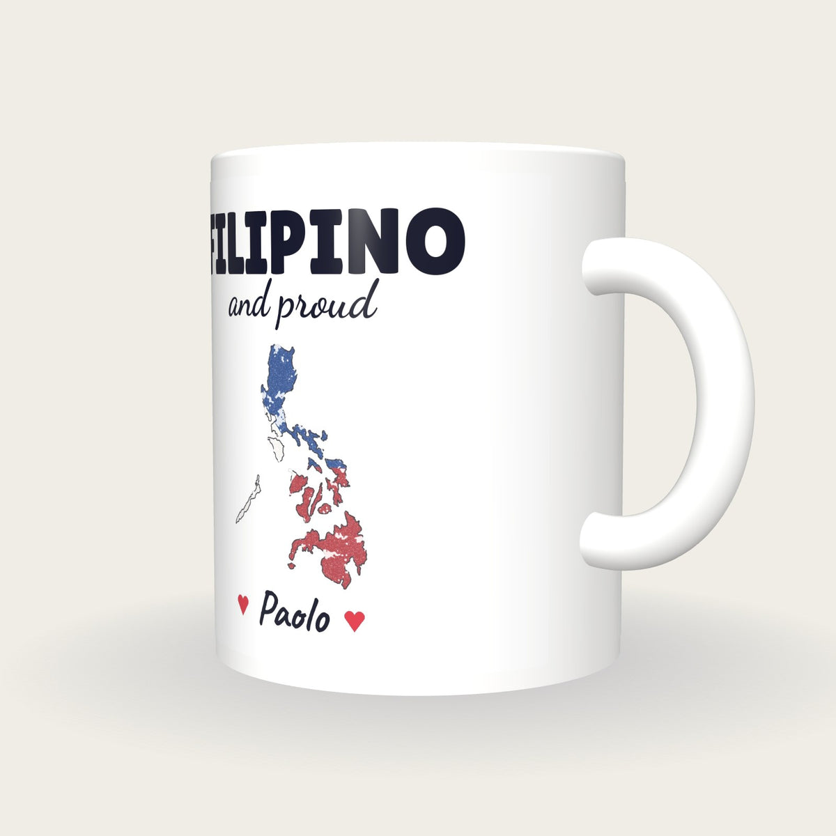 Personalised Philippines Map Mug, Filipino And Proud, three-quarter view