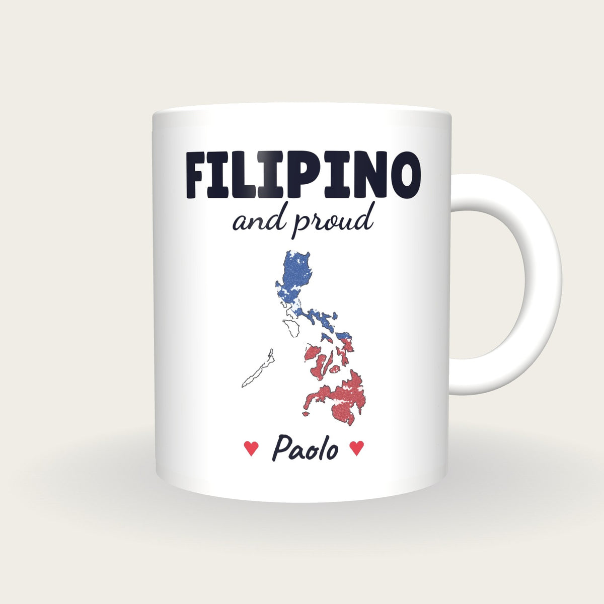 Personalised Philippines Map Mug, Filipino And Proud, front