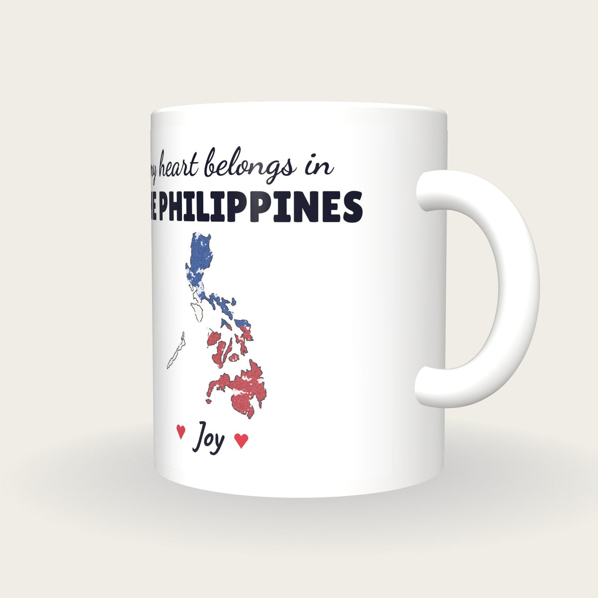 Personalised Philippines Map Mug, My Heart Belongs In The Philippines, three-quarter view