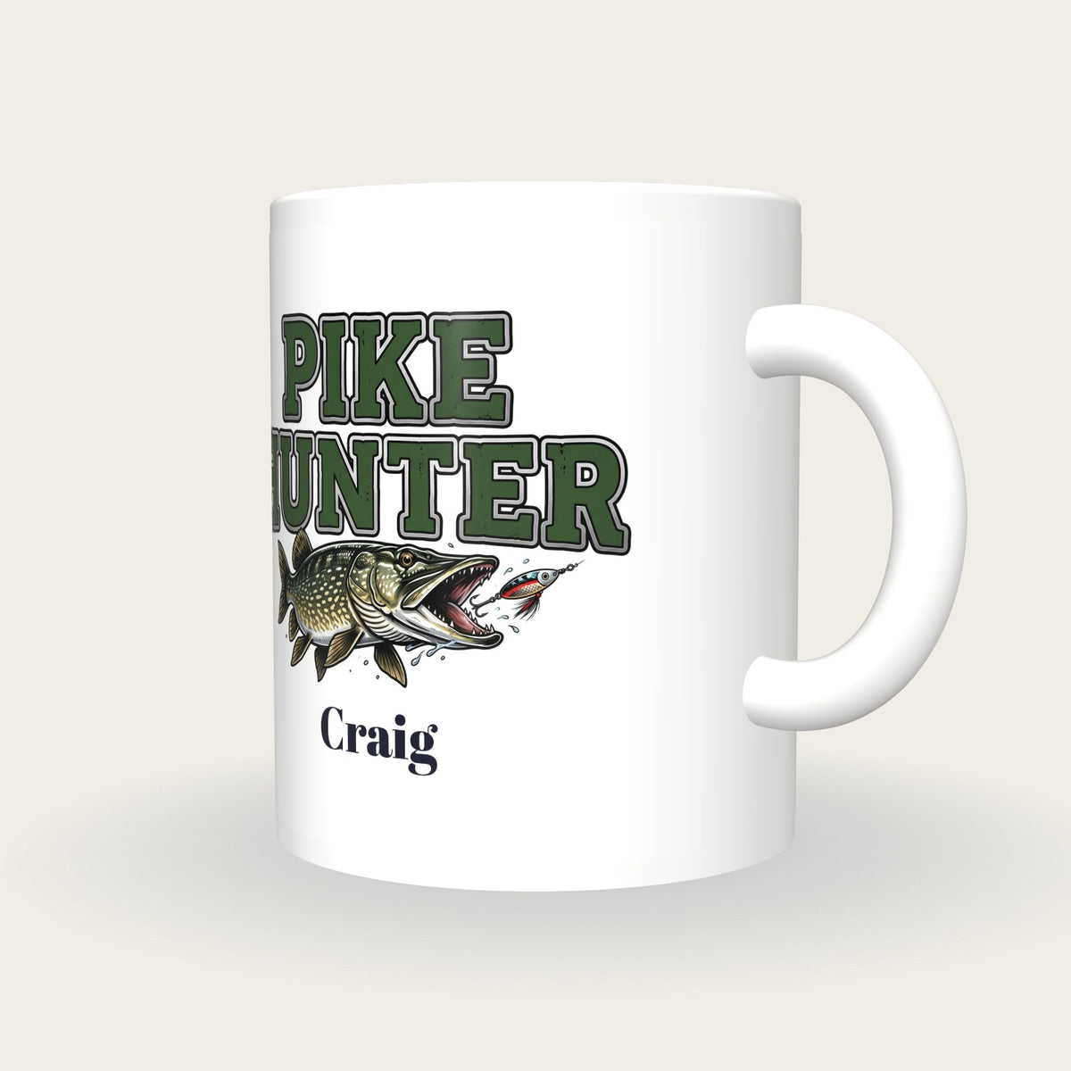 Personalised Pike Hunter Fishing Mug, three-quarter view