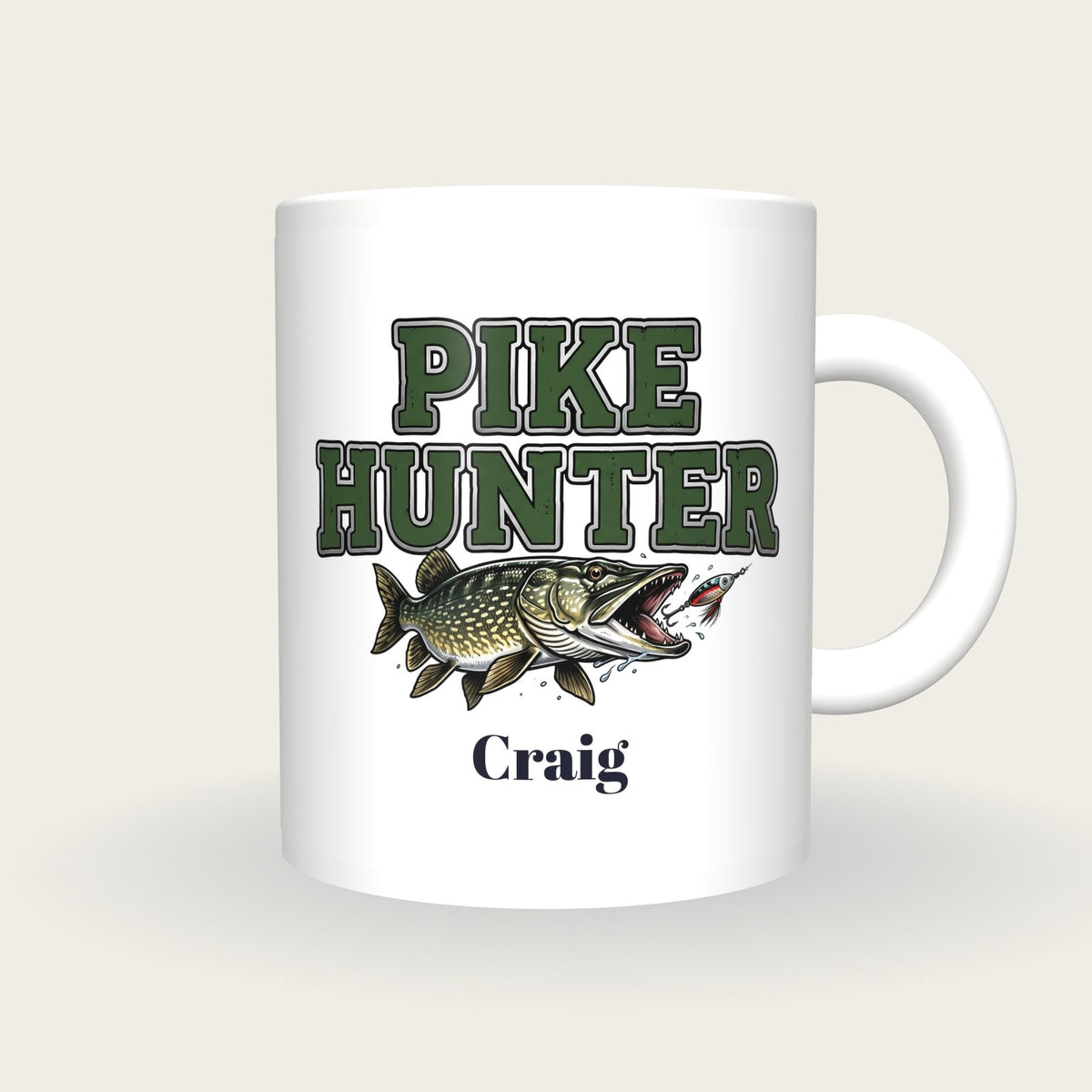 Personalised Pike Hunter Fishing Mug, front