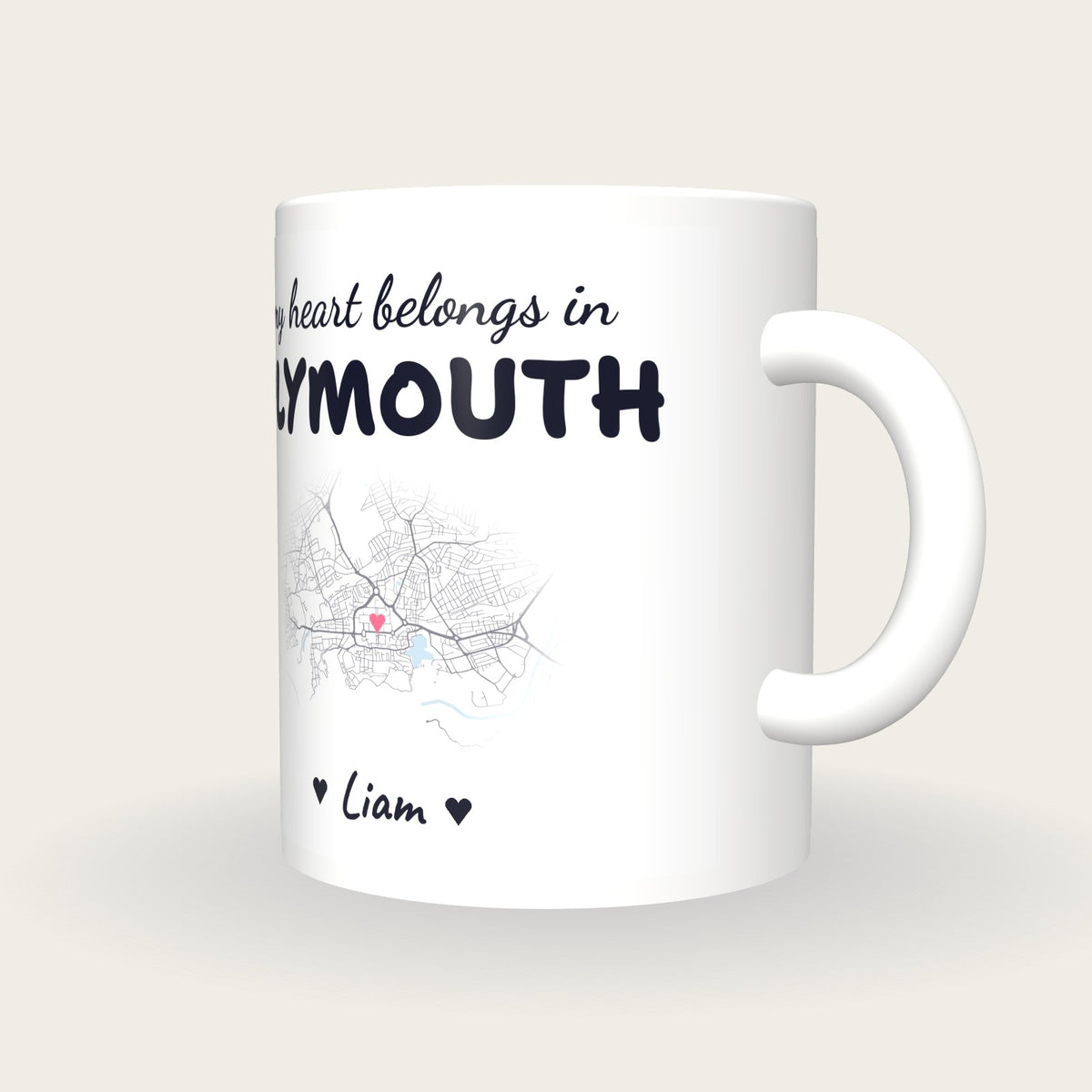 Personalised Plymouth Map Mug, My Heart Belongs In Plymouth, three-quarter view