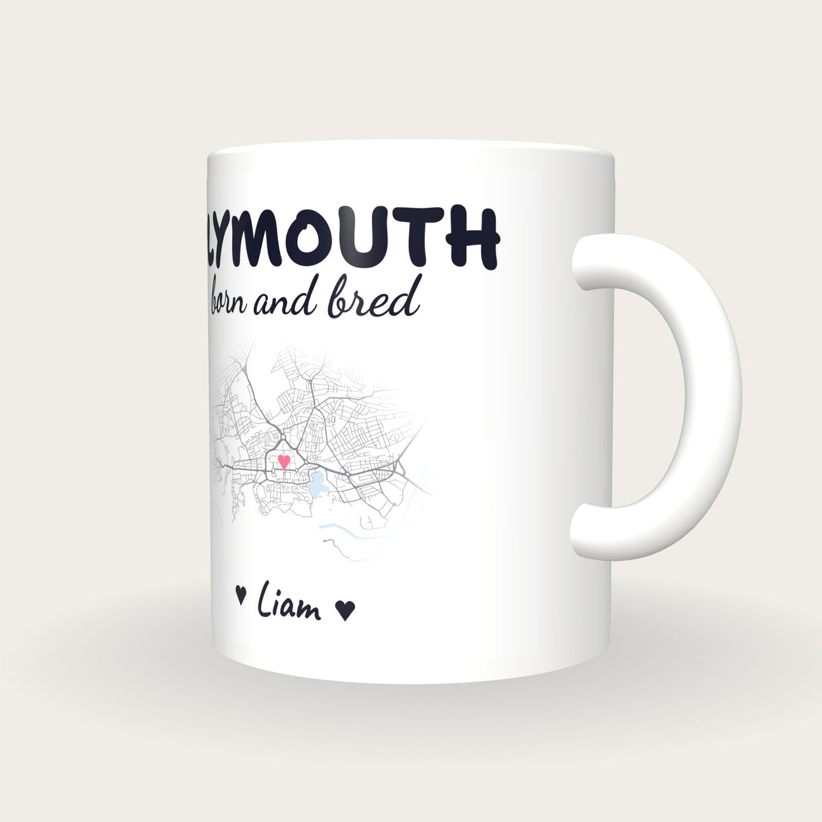 Personalised Plymouth Map Mug, Plymouth Born And Bred, three-quarter view
