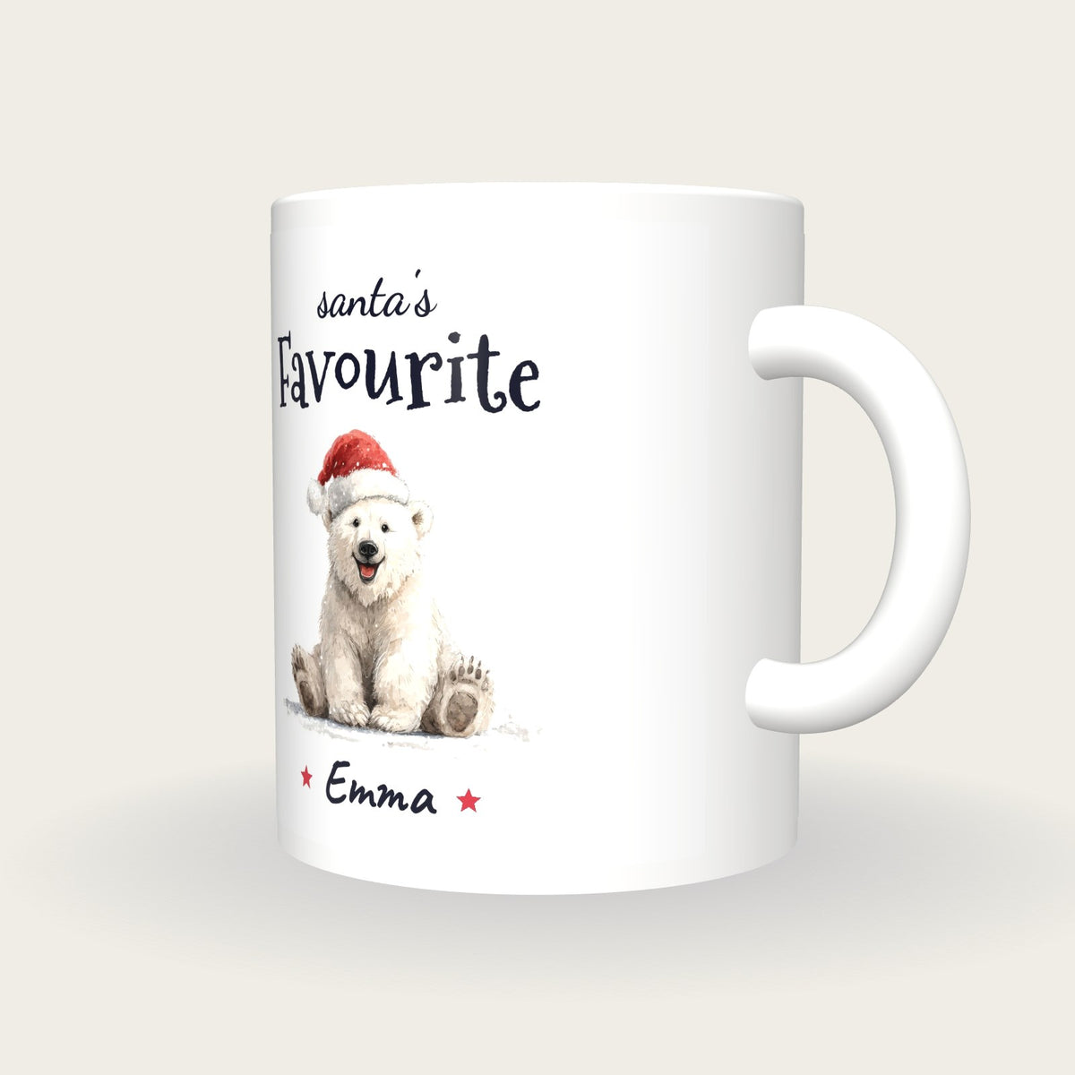 Personalised Polar Bear Santa Mug, Santa's Favourite, three-quarter view