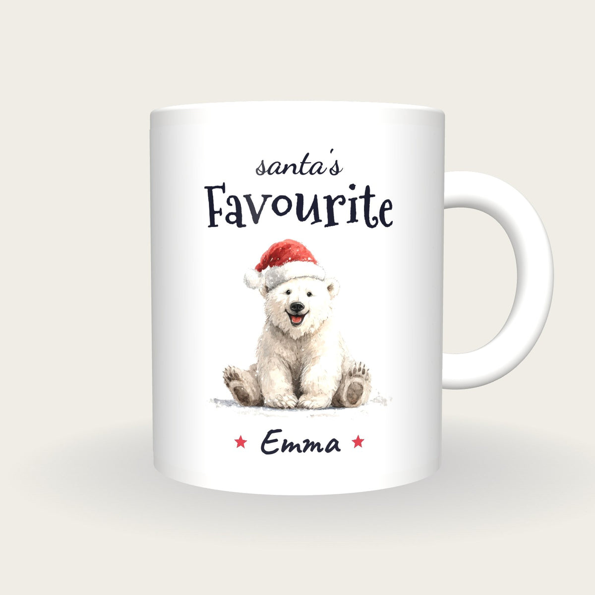 Personalised Polar Bear Santa Mug, Santa's Favourite, front