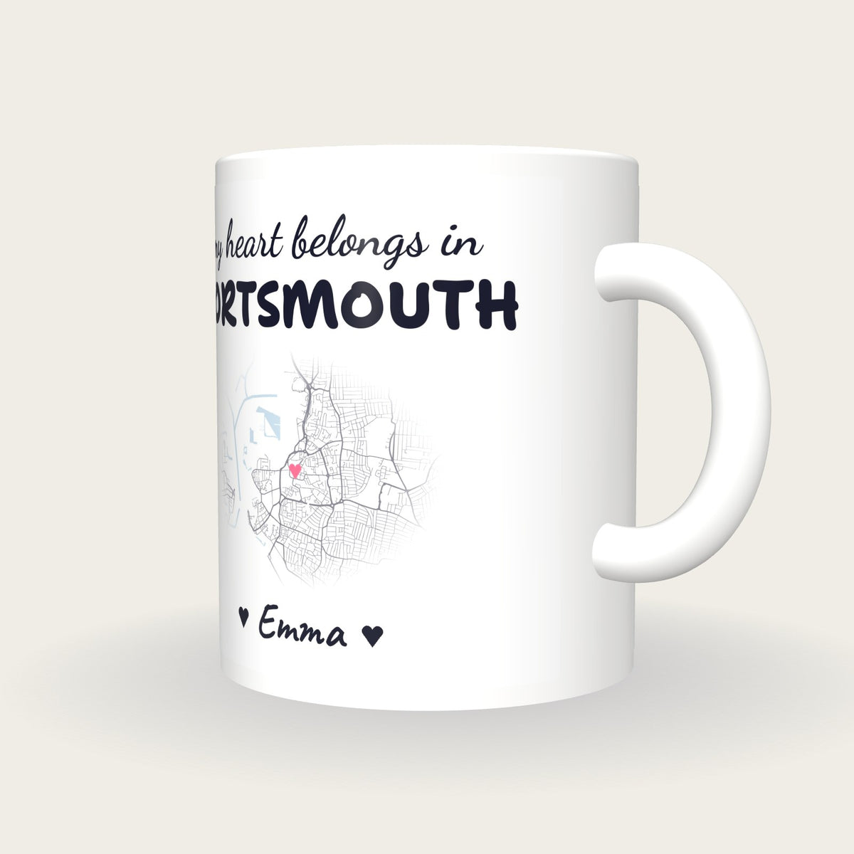 Personalised Portsmouth Map Mug, My Heart Belongs In Portsmouth, three-quarter view