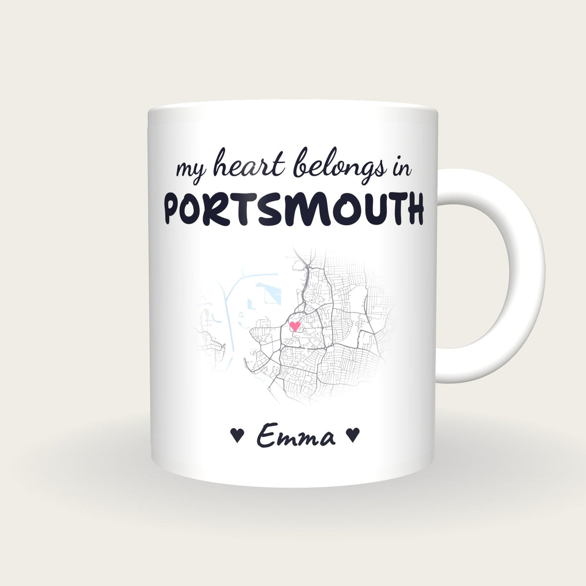 Personalised Portsmouth Map Mug, My Heart Belongs In Portsmouth, front