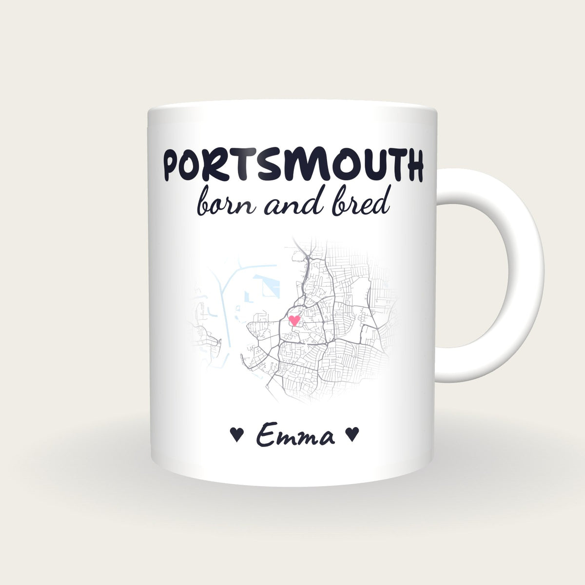 Personalised Portsmouth Map Mug, Portsmouth Born And Bred, front