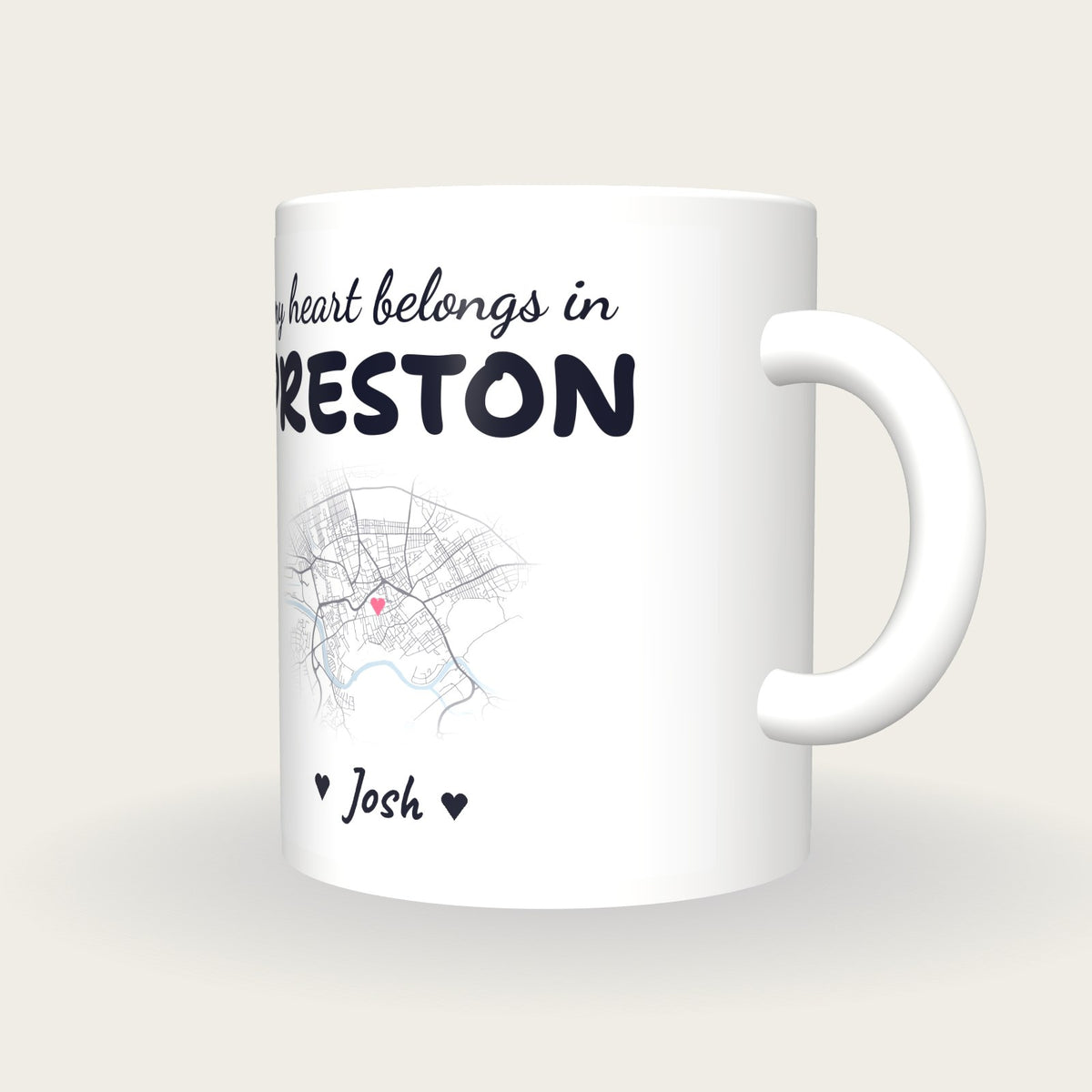 Personalised Preston Map Mug, My Heart Belongs In Preston, three-quarter view