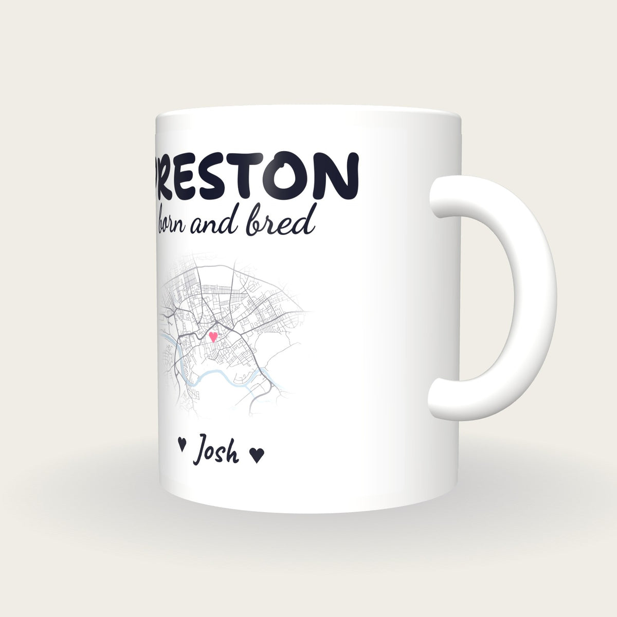 Personalised Preston Map Mug, Preston Born And Bred, three-quarter view