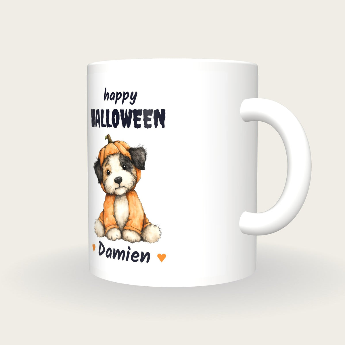 Personalised Puppy In A Pumpkin Mug, Happy Halloween, three-quarter view