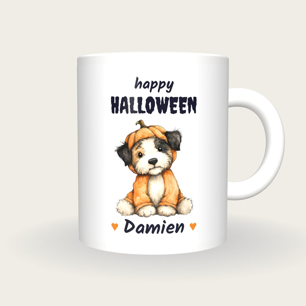 Personalised Puppy In A Pumpkin Mug, Happy Halloween, front