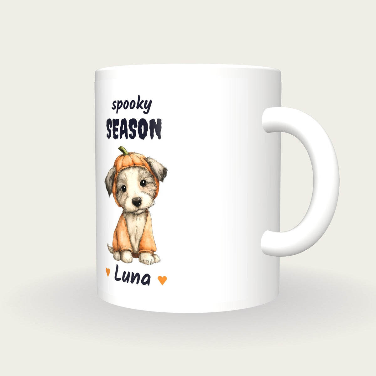 Personalised Puppy In A Pumpkin Mug, Spooky Season, three-quarter view