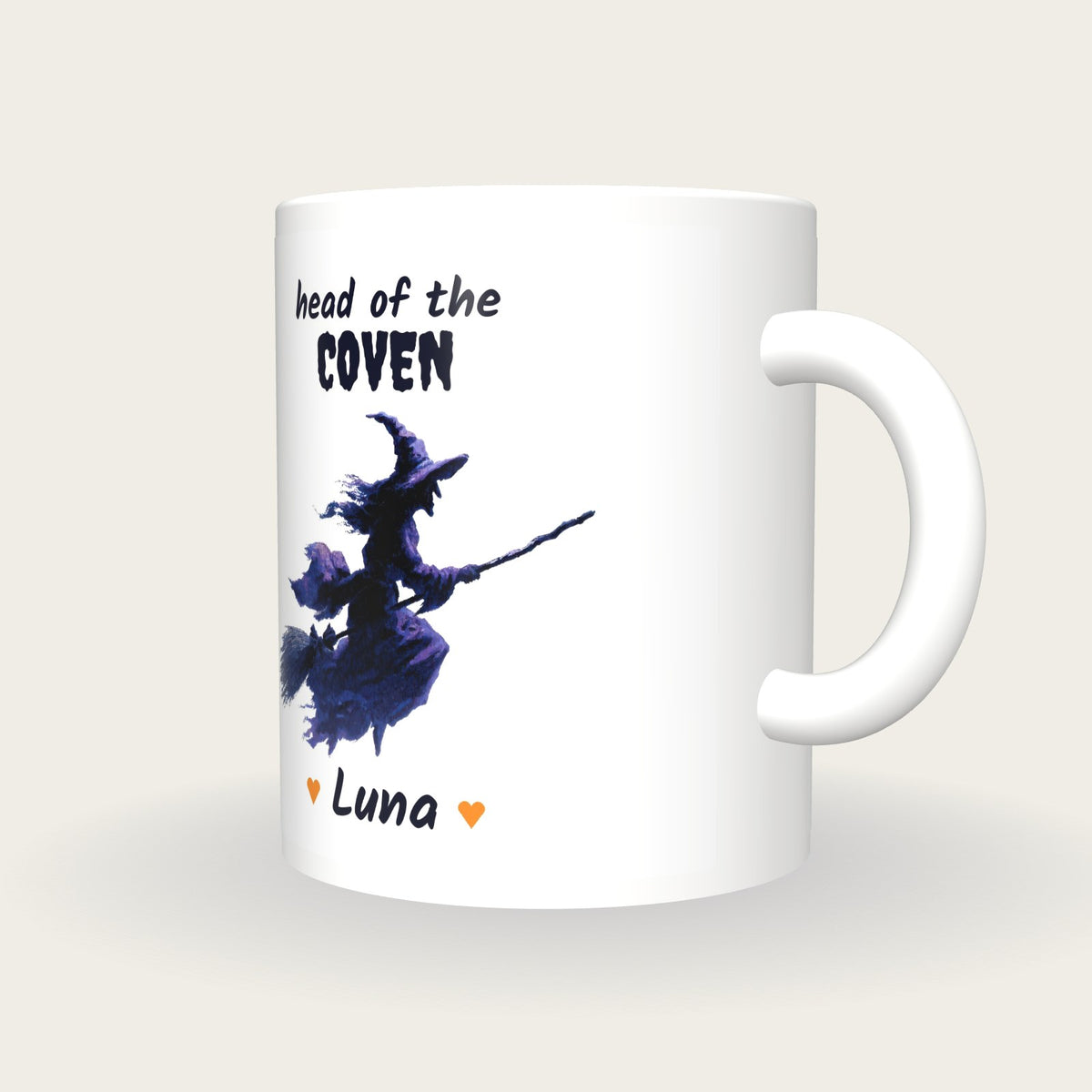 Personalised Purple Witch Mug, Head Of The Coven, three-quarter view